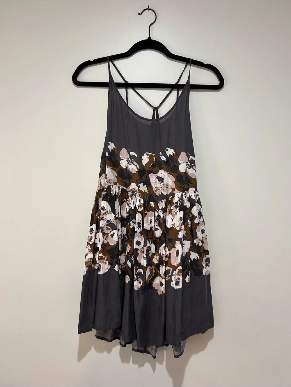 Free People Charcoal Gray Floral Spaghetti-Strap Mini Dress